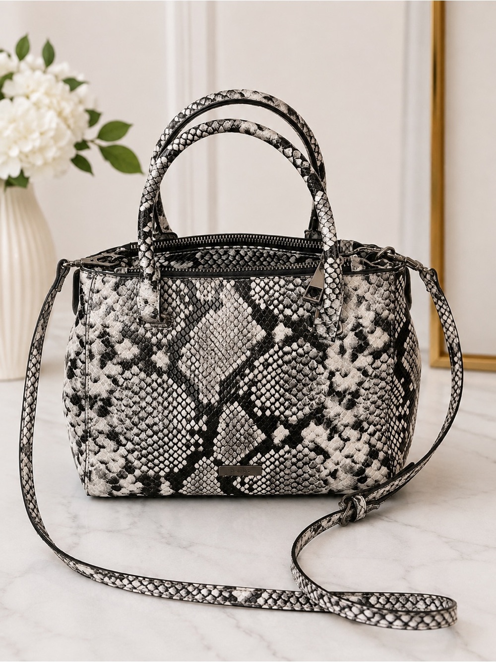 ALDO Black White Faux Snakeskin Triple Zip Satchel Crossbody Bag